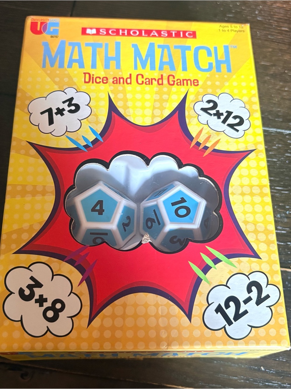 Scholastic Math Match Dice and Card Game - Yellow Box with Light Blue Dice